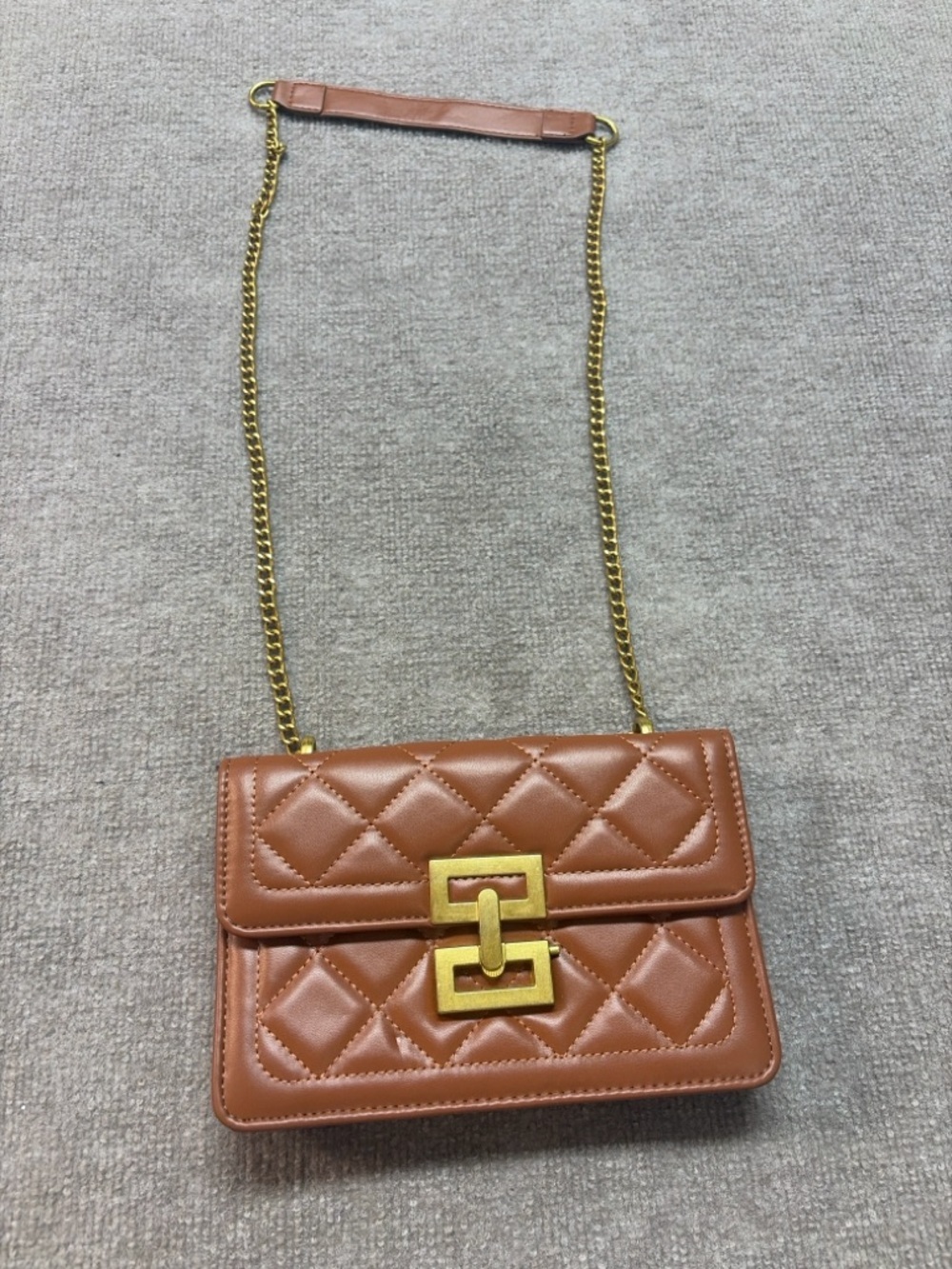 Quilted Tan Leather Chain Shoulder Bag with Gold Hardware